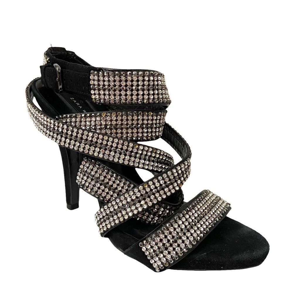 Zara Black Velvet Sandals with Rhinestone Strap in Size EU 37